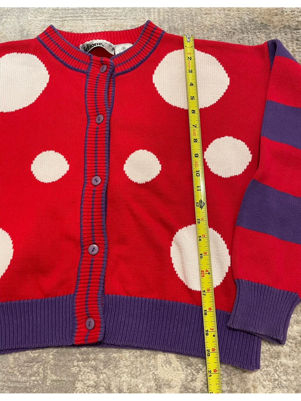 Vintage Idioms Cardigan Sweater Twee Circles Stripes Red & Purple Size Medium - Picture 7 of 8